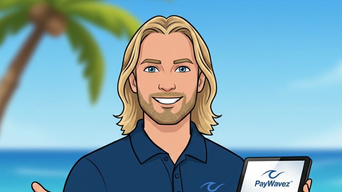 Cartoon PayWavez mascot holding a payment tablet on the beach