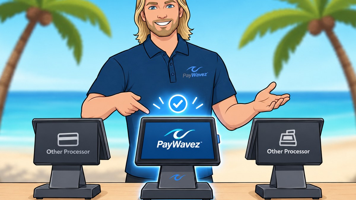 Cartoon PayWavez mascot comparing Square, Clover, and PayWavez point-of-sale terminals side by side