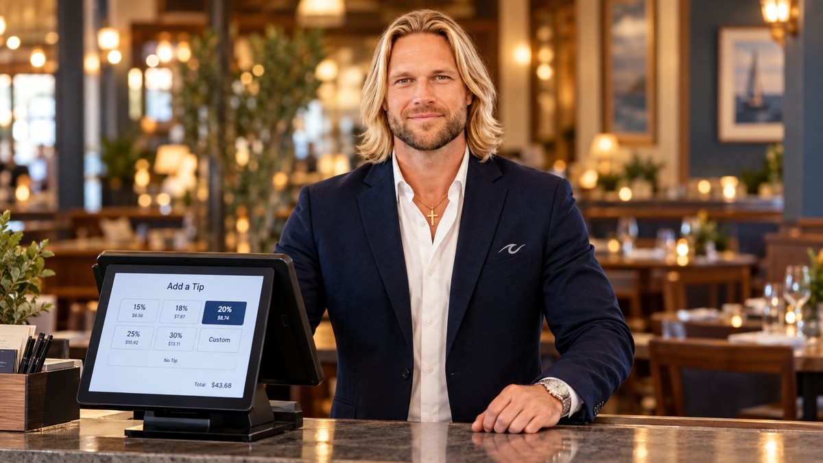 Restaurant server reviewing a card payment and tip entry at a point-of-sale terminal
