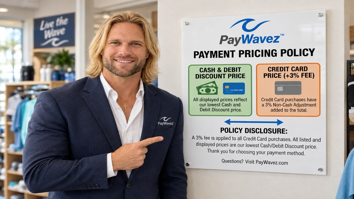 Zac Rogers, PayWavez founder, installing a compliant dual-pricing sign at a retail checkout counter
