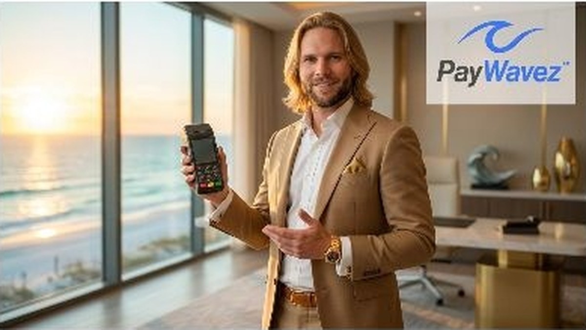 Zac Rogers, PayWavez founder, holding a smart terminal on a beachside balcony