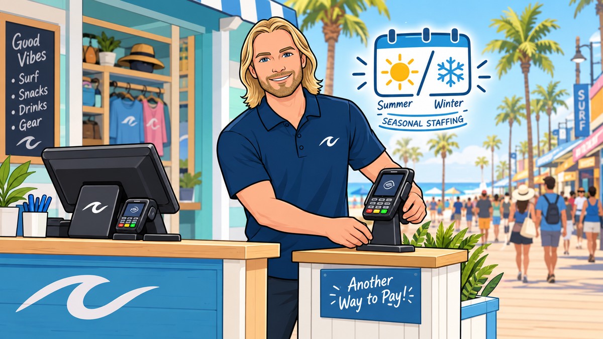 Manager testing a mobile payment device before a busy Gulf Coast tourism season