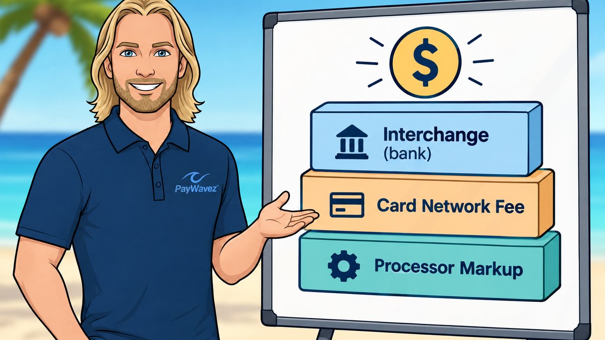 Cartoon PayWavez mascot breaking down the three layers of a card transaction fee