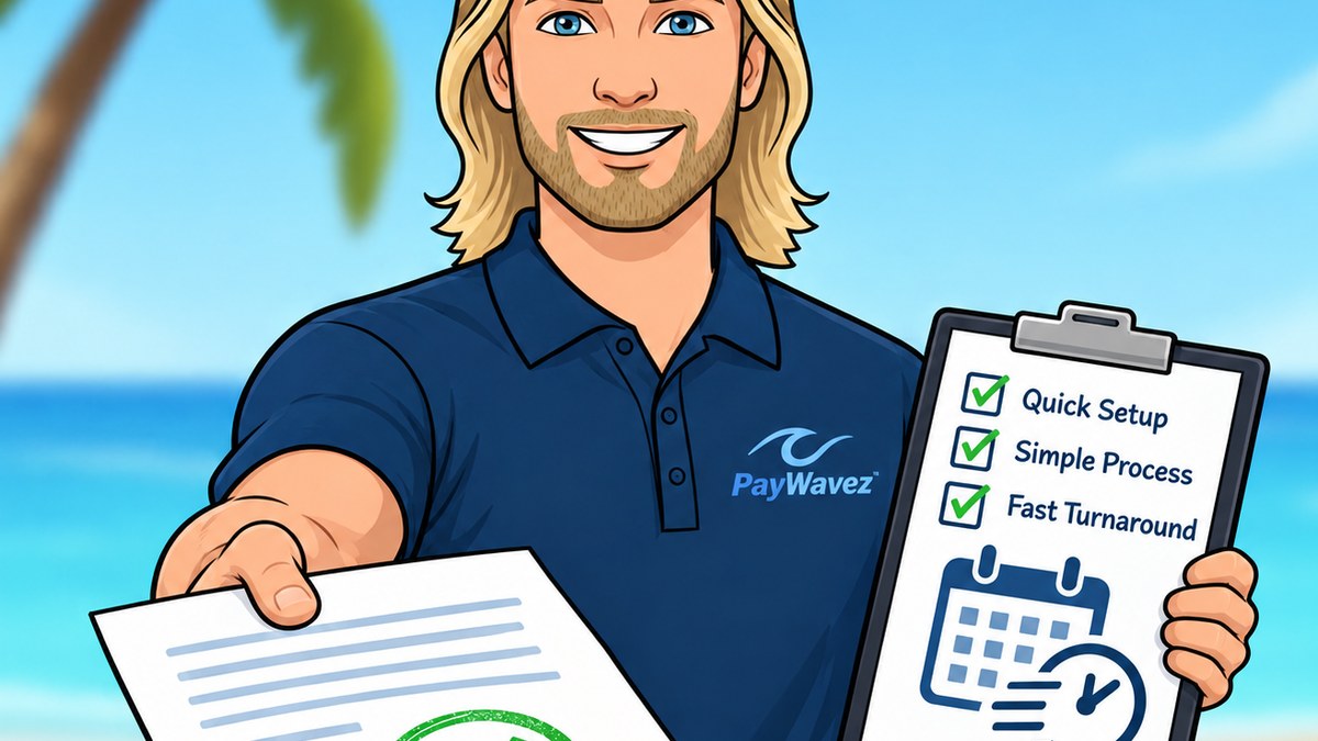 Cartoon PayWavez mascot reviewing a merchant account approval timeline checklist