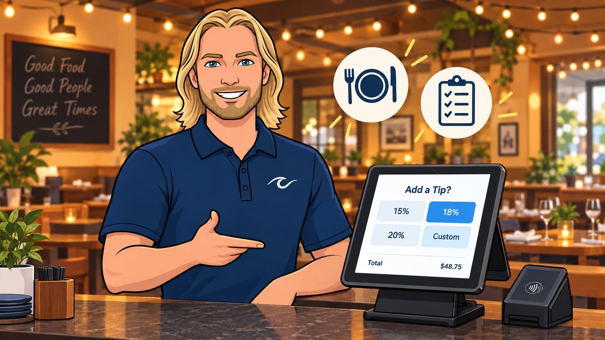 Restaurant manager checking POS tip settings and end-of-day payment reports