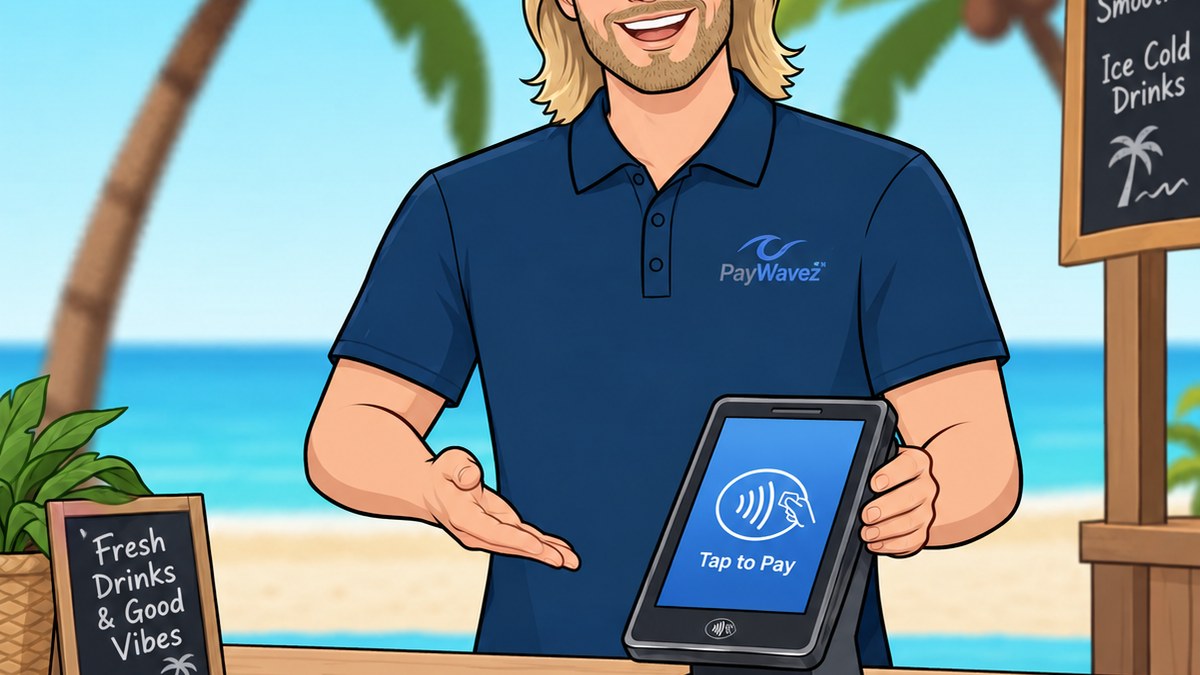 Cartoon PayWavez mascot demonstrating smart terminal features on a countertop