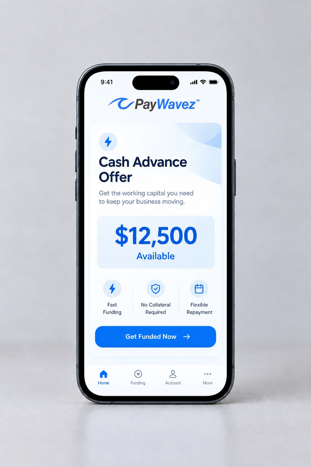 PayWavez app showing a cash advance offer of $12,500 available for established merchants