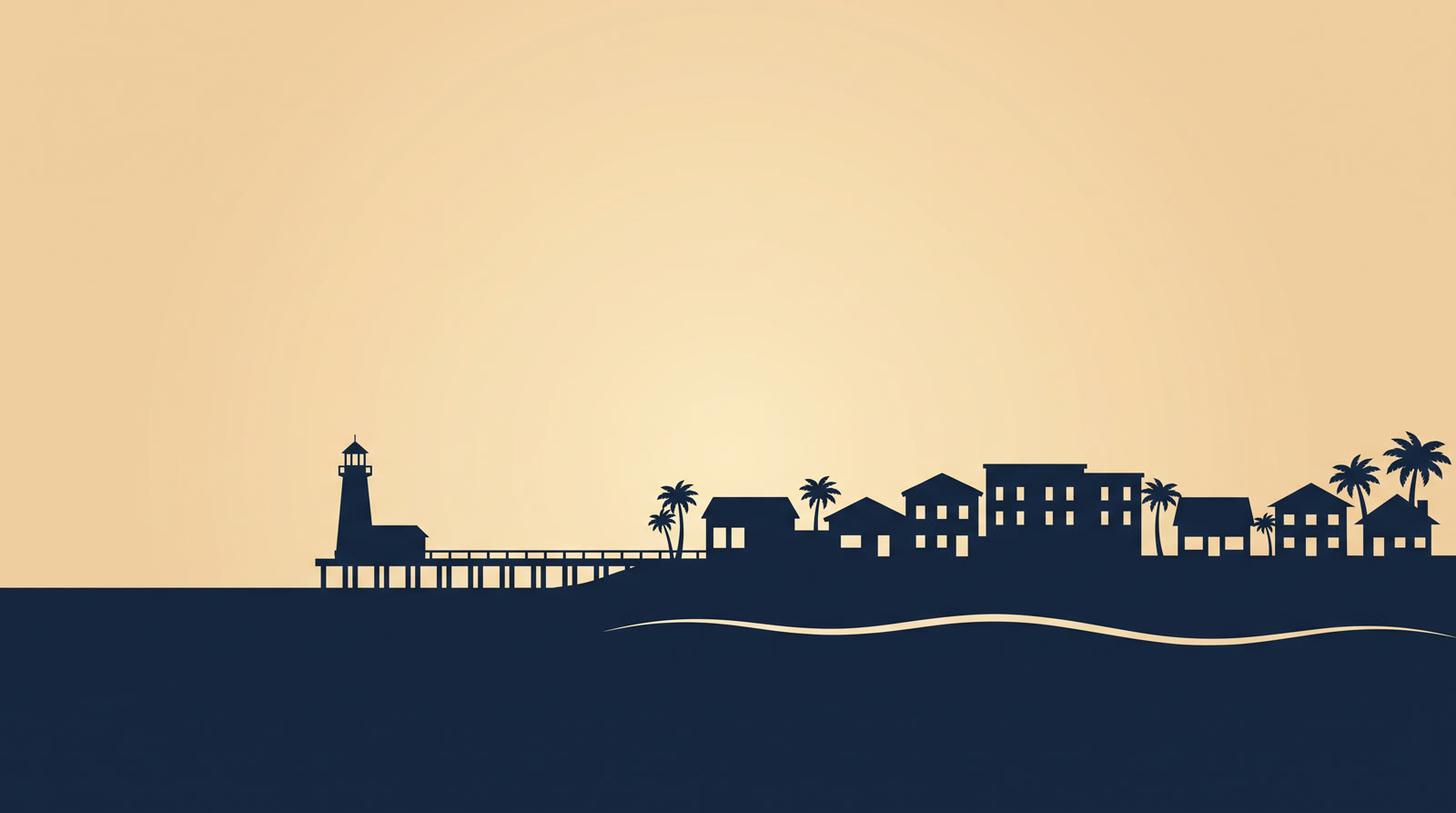 Illustrated silhouette of the Gulf Shores, Alabama coastline with a pier and lighthouse