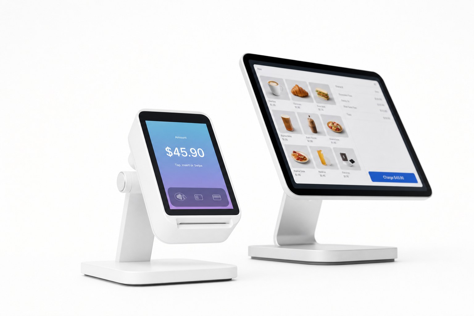 Compact touchscreen card reader terminal on a stand next to a countertop POS display