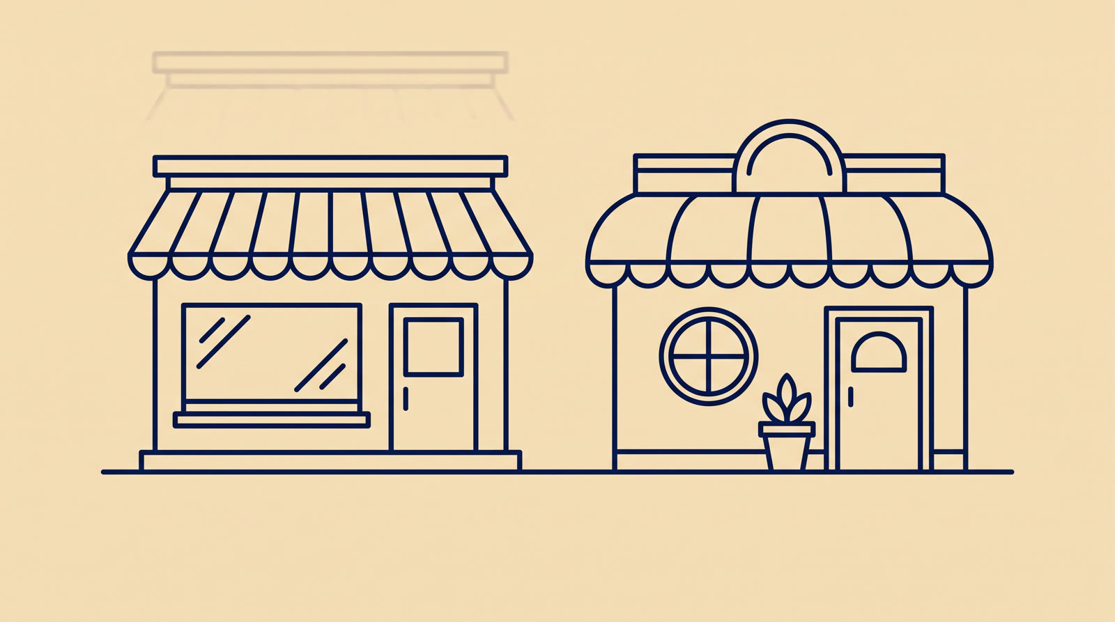 Flat illustration of two small storefronts, a retail shop and a restaurant